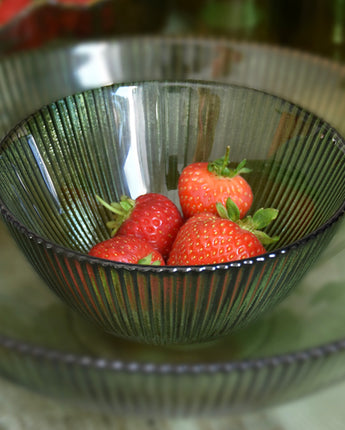 Small Green Glass Bowl with Elegant Ridges