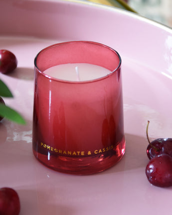 Elegant Red Tapered Glass Candle Holder with Pomegranate & Cassis Scent