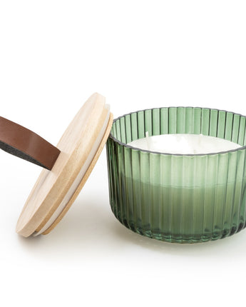 Elegant Green Ridged Glass Candle with Wooden Lid with Sicilian Basil & Wild Lemon