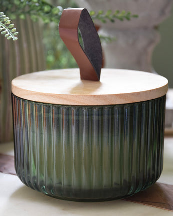 Elegant Green Ridged Glass Candle with Wooden Lid with Sicilian Basil & Wild Lemon