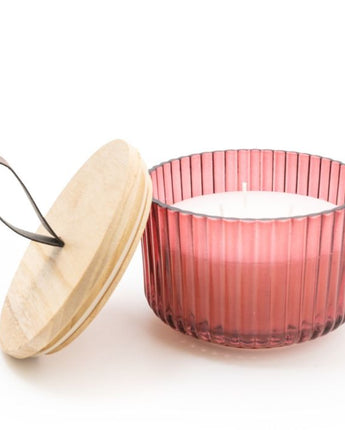 Red Ridged Glass Candle with Wooden Lid  with Pomegranate & Cassis Scent