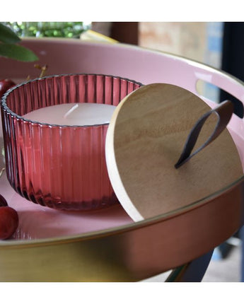 Red Ridged Glass Candle with Wooden Lid  with Pomegranate & Cassis Scent