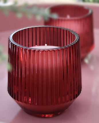 Large Red Ridged Glass Candle with Wooden Lid with Pomegranate & Cassis Scent