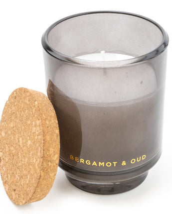 Smoky Black Glass Candleholder with Cork Lid with Bergamot & Oud Scent