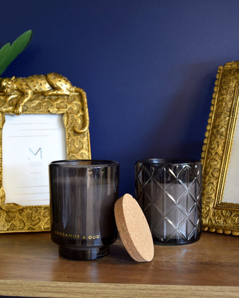 Smoky Black Glass Candleholder with Cork Lid with Bergamot & Oud Scent