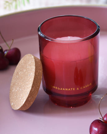 Red Glass Candleholder with Cork Lid with Pomegranate & Cassis Scent