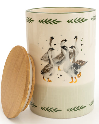 Rustic Geese Storage Jar with Wooden Lid