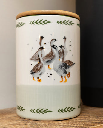 Rustic Geese Storage Jar with Wooden Lid