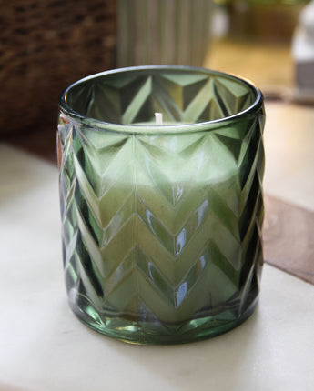 Zigzag Green Glass Candle Holder – Infused with Mediterranean Lemon Grove Scent