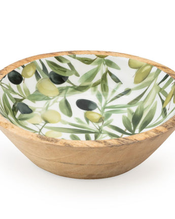 Elegant Mango Wood Bowl with Enamel Olive Design