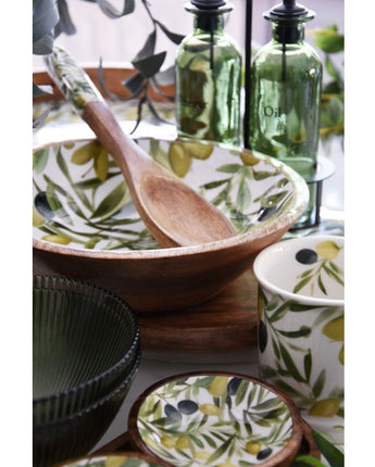 Elegant Mango Wood Bowl with Enamel Olive Design