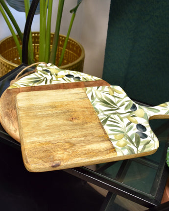 Elegant Mango Wood Serving Paddle Board with Olive Enamel Design