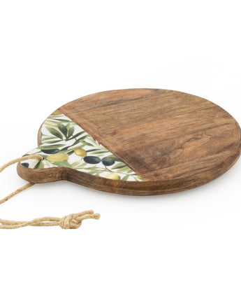 Rustic Mango Wood Chopping Board with Olive Enamel Design