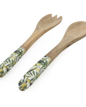 Elegant Mango Wood Serving Spoon & Fork Set with Olive Enamel Design