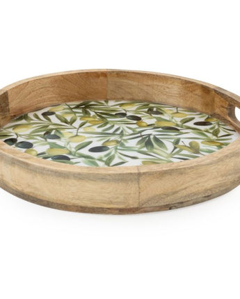 Rustic Mango Wood Round Tray with Elegant Olive Enamel Design