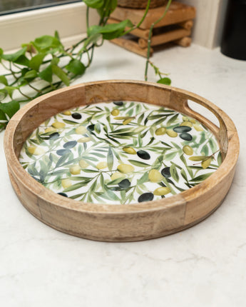 Rustic Mango Wood Round Tray with Elegant Olive Enamel Design