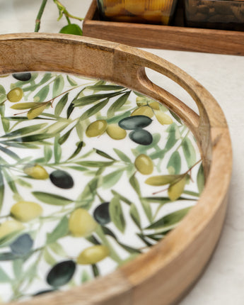 Rustic Mango Wood Round Tray with Elegant Olive Enamel Design