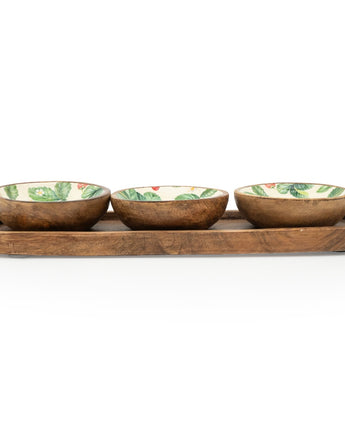 Strawberry Patch Set: 3 Small Dipping Bowls on Mango Wood Tray