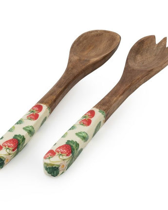 Enamel Printed Mango Wood Serving Spoon and Fork Set- Strawberry Patch