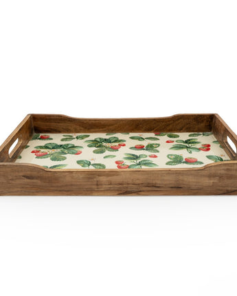 Enchanting Strawberry Patch Rectangular Mango Wood Tray with Enamel Print