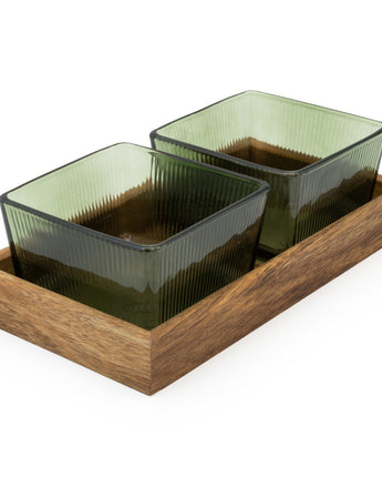 Elegant Green Glass Bowls with Acacia Wooden Tray