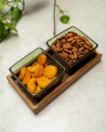 Elegant Green Glass Bowls with Acacia Wooden Tray