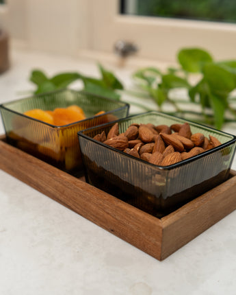 Elegant Green Glass Bowls with Acacia Wooden Tray