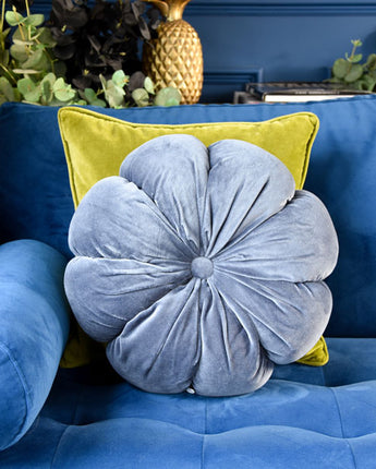 Floral Shaped Cushion Cotton Velvet Blue