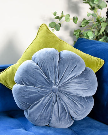 Floral Shaped Cushion Cotton Velvet Blue