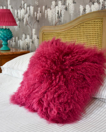 Square Cushion Mongolian Lamb with Real Suede Fuschia