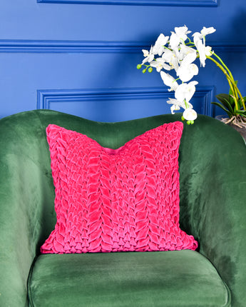 Luxurious Smocked Velvet Fuschia Square Cushion