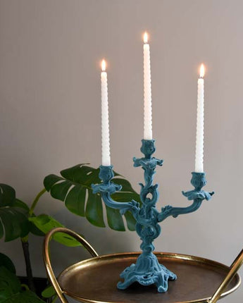 Vintage Ornate Flocked Candelabra in Light Grey/Blue