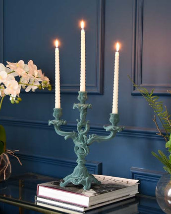 Vintage Ornate Flocked Candelabra in Light Grey/Blue