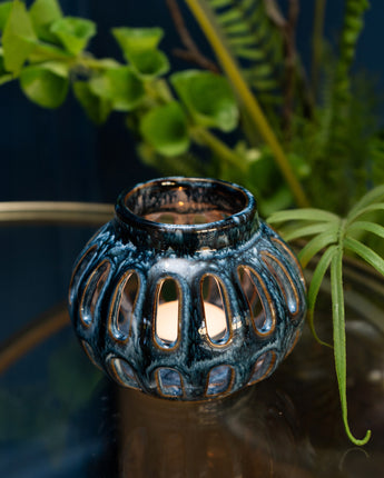 Blue reactive glaze tealight holder lantern