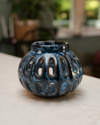 Blue reactive glaze tealight holder lantern