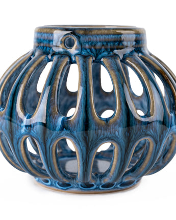 Blue reactive glaze tealight holder lantern