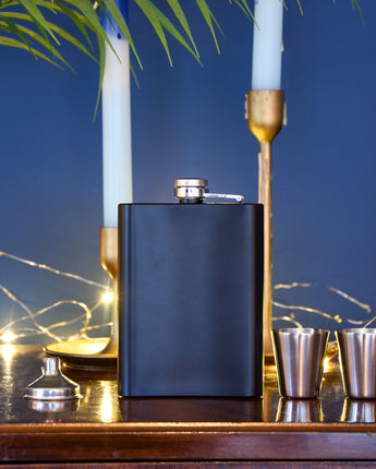 4 Piece Mat Black Hip Flask Set - Black Gift Box & Mo Box