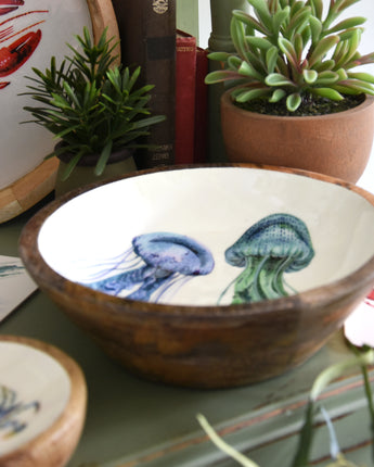 Large Mango wood bowl with Jelly Fish enamel inlay