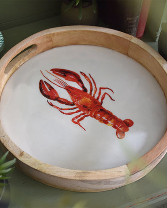 Mango wood round tray with lobster inlay