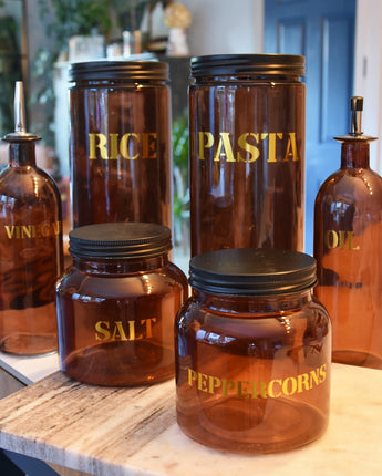 Set of Six Vintage Style Glass Storage Jars in Amber Gold