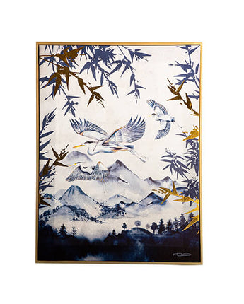 50X70CM Blue and White Heron Design Print in a Gold Frame