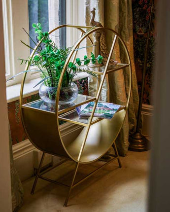 110CM Round Metal Console Table With 3 Glass Shelves - Gold