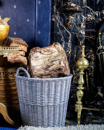 Rustic Grey Colour Round Log Basket with Wicker Handles