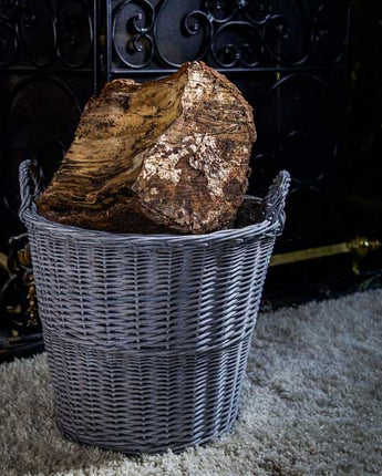 Rustic Grey Colour Round Log Basket with Wicker Handles