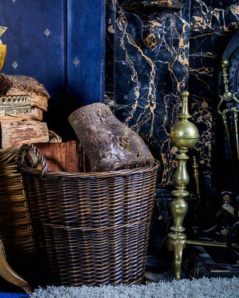 Rustic Dark Brown Colour Round Log Basket with Wicker Handles