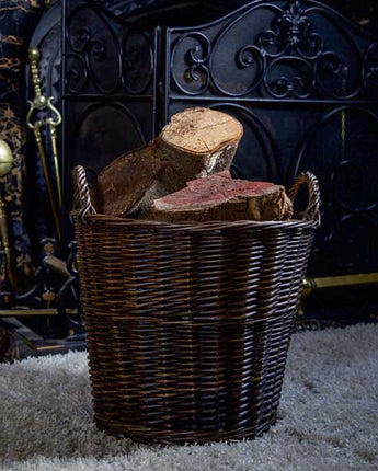 Rustic Dark Brown Colour Round Log Basket with Wicker Handles