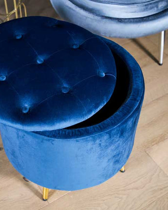 Blue Brooklyn Velvet Ottoman Stool with Gold Legs