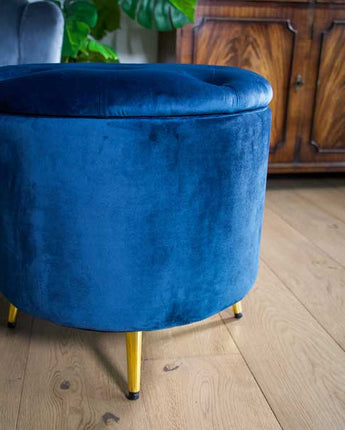 Blue Brooklyn Velvet Ottoman Stool with Gold Legs