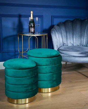 Set of Two Emerald Green Ottoman Stools with Gold Bases