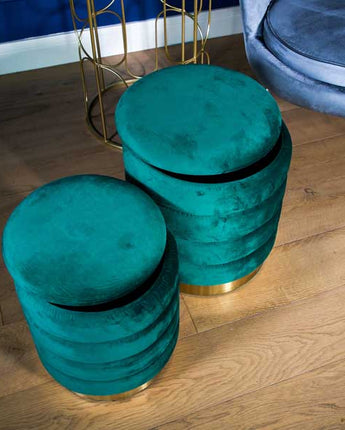 Set of Two Emerald Green Ottoman Stools with Gold Bases